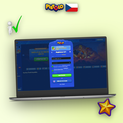 Pistolo Casino registrace – formulář na notebooku a mobilu se štítem ověření účtu