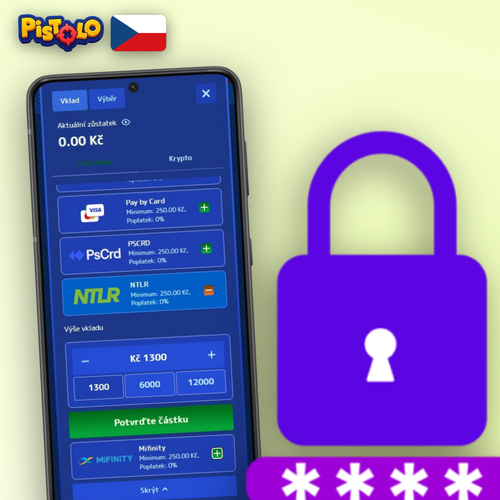 Pistolo Casino vklad – ikony Visa, Mastercard, Bitcoin a e-peněženky na herním pozadí